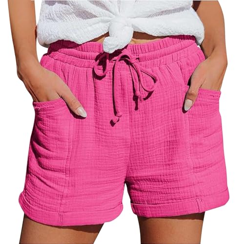 Shorts Damen Sommer, Women's 2025 Summer Linen Muslin Shorts Beach with Pockets Fashion Casual Fabric Trousers Leisure Stretch Straight Leg Drawstring Linen Trousers von Nuoke