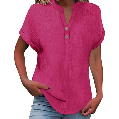 Tops für Damen, Musselin Leinenbluse Damen 2025 Frauen Sommer Tshirt Baumwolle Leinen T-Shirt Knopf V-Ausschnitt Tunika Tops Casual Tshirts Trendy Strandkleid Bluse, heiß rosa XL von Nuoke