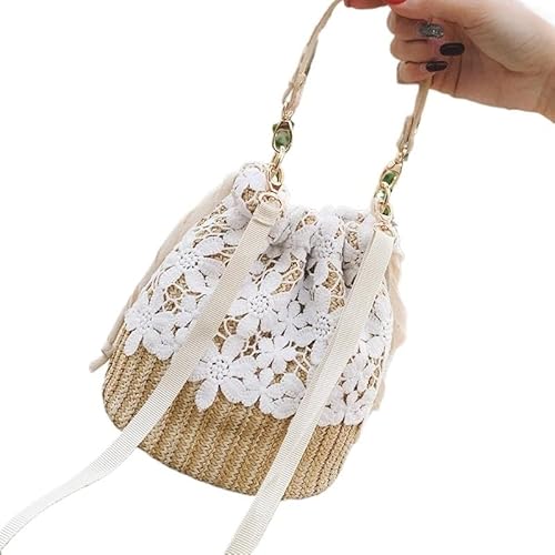 NUONUO Strohtaschen Damen Bambus Handtasche Sommer Strand Handtasche Tasche Halbmond Tasche Stroh Spitze gewebt Reise Sling Bag Schulter Umhängetasche for Frauen Beige Strohtasche (Color : Floral) von NUONUO