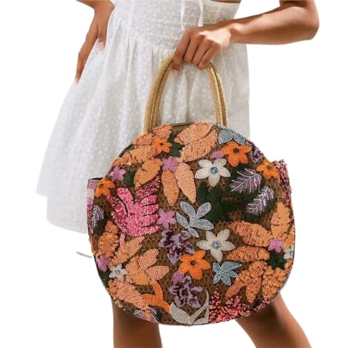 NUONUO Strohtaschen Damen Damen-Einkaufstasche mit floralen Pailletten und Stroh, runde Handtasche im Retro-Ethno-Stil, geeignet for Urlaub, Reisen, Party und Shopping Strohtasche von NUONUO