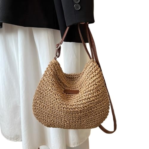 NUONUO Strohtaschen Damen Damen-Strohtasche for den Sommer, gewebte Umhängetaschen for Damen, Korb, Bolsa, Messenger, böhmische Strandtaschen, Handtasche, Boho-Tasche Strohtasche (Color : Khaki) von NUONUO