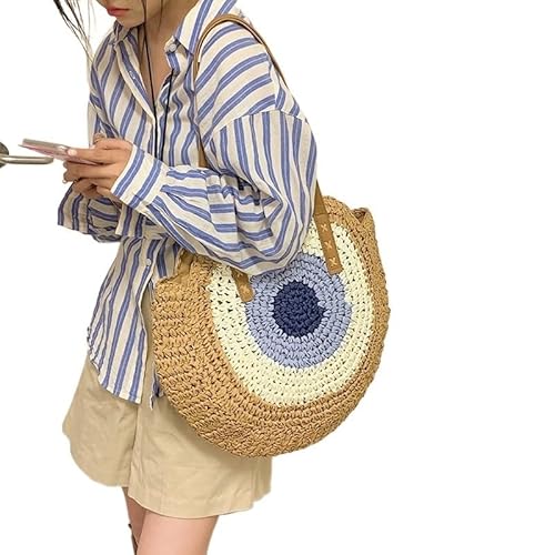 NUONUO Strohtaschen Damen Große Kapazität Runde Frauen Modische Stroh Gewebte Umhängetasche Handgemachte Sommer Strand Reise Urlaub Frauen Tragetaschen Strohtasche (Color : Blue) von NUONUO