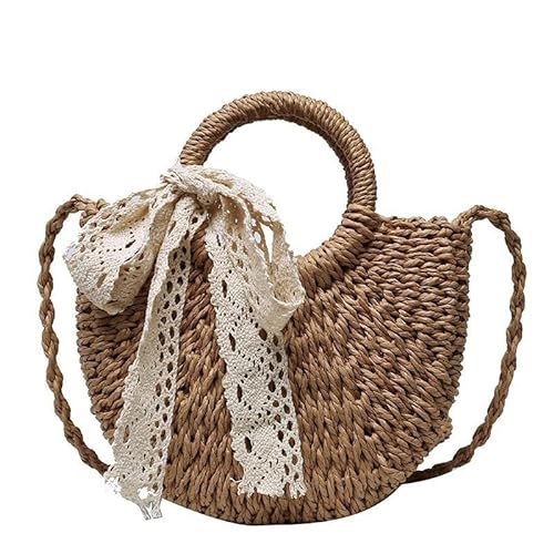 NUONUO Strohtaschen Damen Handgemachte halbrunde Rattan gewebte Strohtasche Sommer Damen Messenger Umhängetaschen Mädchen kleine Strandhandtasche Strohtasche (Color : Khaki Ribbon) von NUONUO