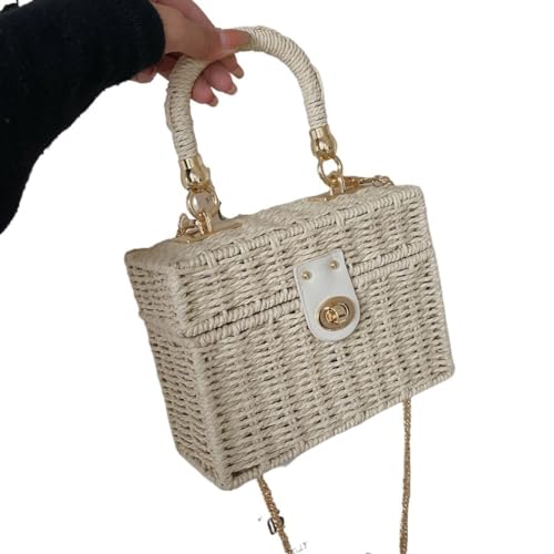 NUONUO Strohtaschen Damen Rattan Stroh Umhängetasche Frauen Boho handgewebt Korb Messenger Tasche Sommer Strand Square Box Top-Griff Handtasche Strohtasche (Color : Khaki) von NUONUO