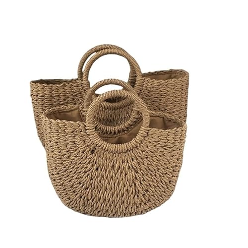 NUONUO Strohtaschen Damen Sommer Stroh Tasche Frauen Große Kapazität Griff Tasche Handarbeit Gewebt Handtasche Böhmen Urlaub Rattan Strand Tasche Kintted Geldbörse Strohtasche (Color : Big khaki-2) von NUONUO