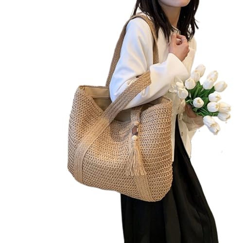 NUONUO Strohtaschen Damen Sommer-Stroh-gewebte Tasche for Damen, Handtaschen, handgefertigt, Bast, Strand, Boho-Umhängetasche, große Tragetasche, Quasten-Einkaufstasche Strohtasche (Color : Coffee) von NUONUO