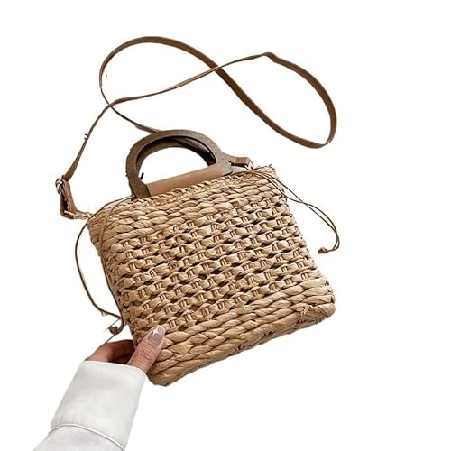 NUONUO Strohtaschen Damen Strohtaschen, Sommer-Damen-Tragetaschen, Designer-Handtaschen, Geldbörsen, Webart, Kordelzugverschluss, Holzgriff, Strand-Umhängetasche Strohtasche (Color : Kaqise) von NUONUO