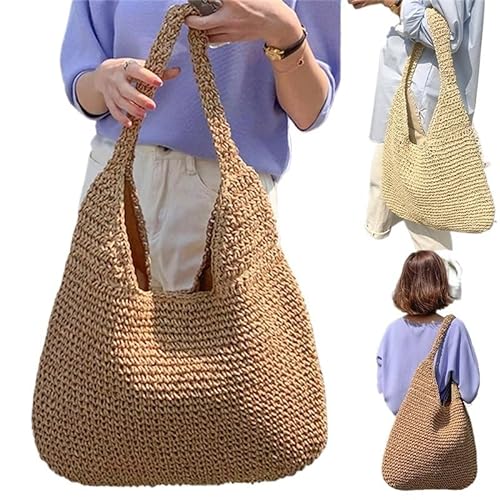 Strohtaschen Damen 1PC Einfarbig Stroh Frauen Schulter Taschen Woven Damen Handtaschen Handgemachte Strand Rattan Tasche Weibliche Messenger Tasche Große Tote Strohtasche ( Color : Khaki , Size : One von NUONUO