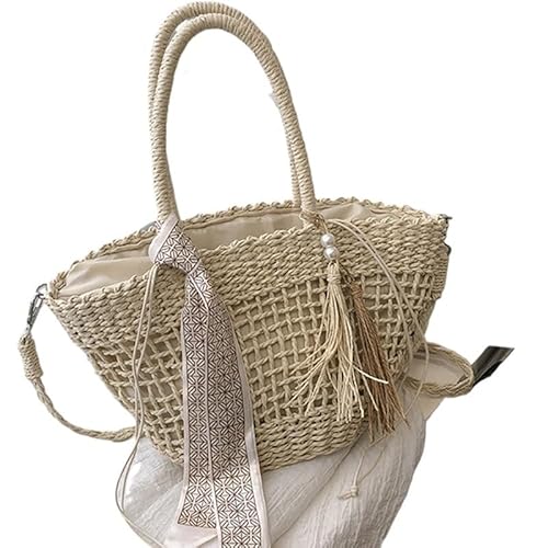 Strohtaschen Damen Frauen Sommer Weben Strand Tasche Casual Schulter Umhängetasche Handtasche Mode Handgemachte Geflochtene Korb Urlaub Stroh Clutch Tote Strohtasche ( Color : Khaki , Size : 28cm 11cm von NUONUO