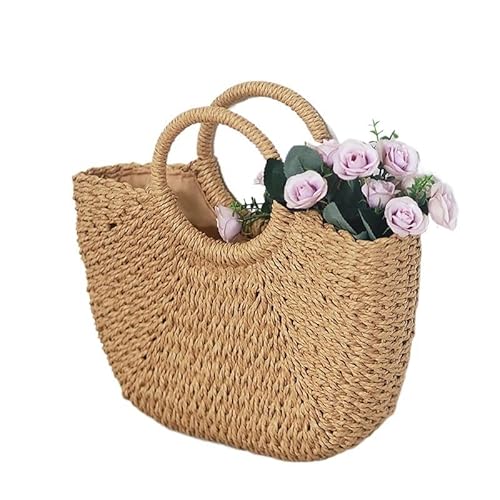 Strohtaschen Damen Handgefertigte Sommertaschen for Frauen, Strandweberei, Damen-Strohtasche, gewickelte Strandtasche, mondförmige Handtaschen mit Tragegriff oben Strohtasche ( Color : Khaki addstrap von NUONUO