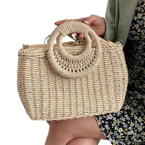 Strohtaschen Damen Sommer Stroh Handtasche Große Kapazität Strand Tasche Handgemachte Gewebte Schulter Tasche Rattan Totes Tasche Reise Dame Stroh Strohtasche ( Color : Khaki-3 , Size : (30cm(Max Leng von NUONUO