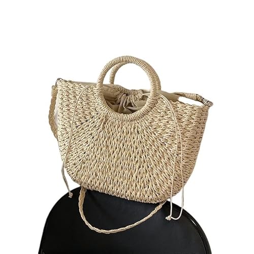 Strohtaschen Damen Stroh gewebte Handtaschen for Frauen handgemachte Reise Meer Strandtasche Sommer neue Griff Eimer Tasche Einkaufstasche Tasche Korb Strohtasche ( Color : Bigbeige , Size : 26x8x26cm von NUONUO