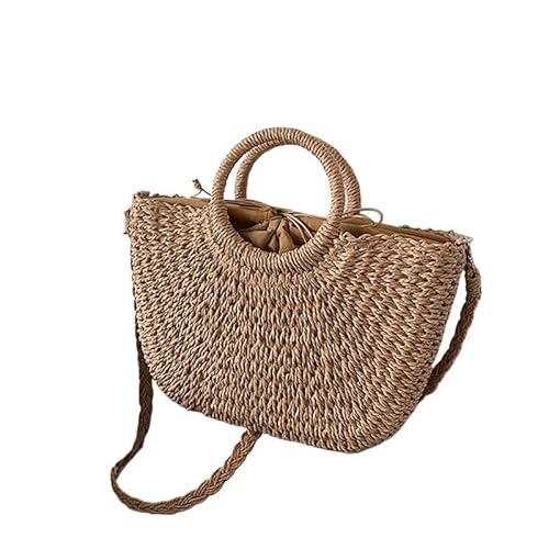 Strohtaschen Damen Stroh gewebte Handtaschen for Frauen handgemachte Reise Meer Strandtasche Sommer neue Griff Eimer Tasche Einkaufstasche Tasche Korb Strohtasche ( Color : Bigkhaki , Size : 26x8x26cm von NUONUO