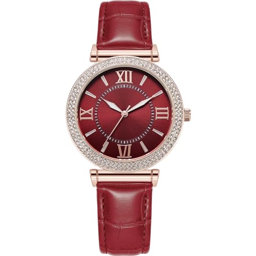 NUOVO Damen 39.5mm Strass Lünette Kleid Uhr 30m Wasserbeständige große Damenuhren Rose Gold Gehäuse mit rotem Zifferblatt und rotem Lederarmban von NUOVO