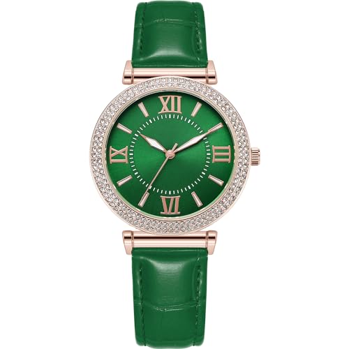 NUOVO Damen 39.5mm Strass Lünette Kleid Uhr 30m Wasserbeständige große Damenuhren Roségold Gehäuse mit grünem Zifferblatt und grünem Lederarmband von NUOVO