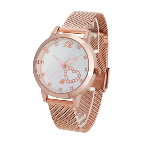 NUOVO Damen Roségold Uhr mit Diamanteinlage, Elegante und modische gewebte Mesh Armbanduhr von NUOVO