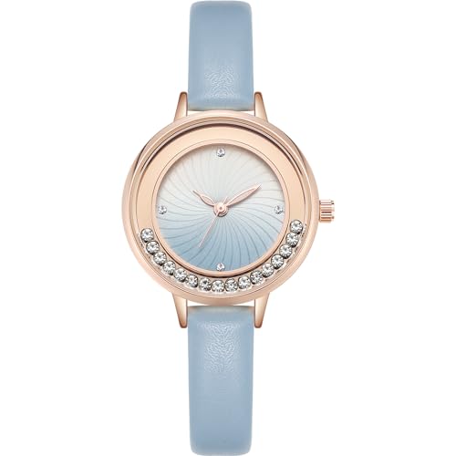 NUOVO Damenuhr Fließende Kristall Diamant Uhr Quarz Armbanduhr für Frauen Mädchen Blaue Lederuhr Gradient Blaues Zifferblatt mit Strass Stunden Mark… von NUOVO