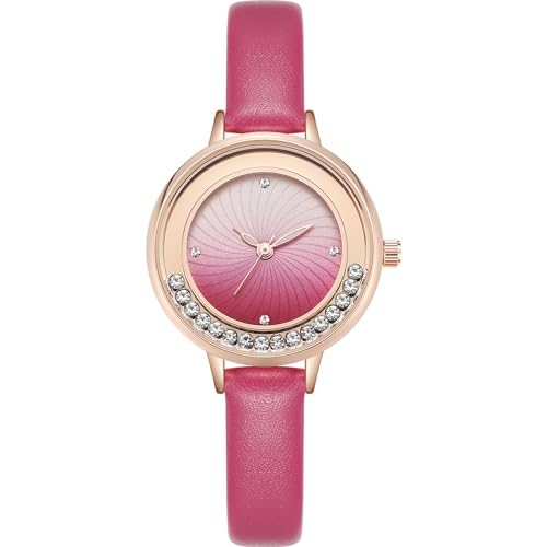 NUOVO Damenuhr Flowing Crystal Diamond Uhr Quarz Armbanduhr für Frauen Mädchen Rosa Lederuhr Gradient Pink Zifferblatt mit Strass Stunden Mark… von NUOVO