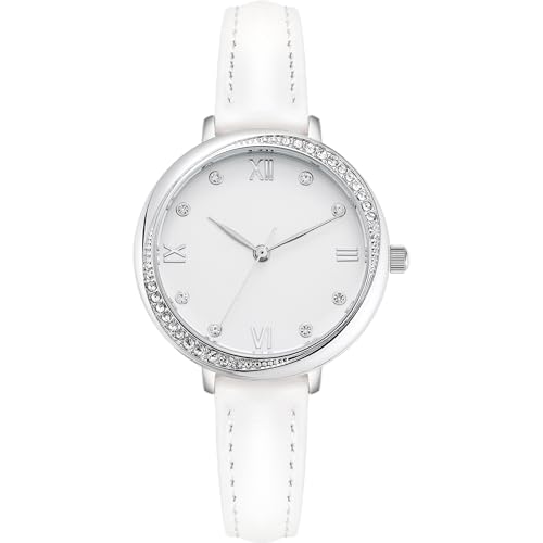 NUOVO Damenuhren Sliver Fall Weiß Lederarmband Mode Uhren Weiß Gesicht Frauen Diamant Kristall Lünette Quarz Klassische Frauen Uhr von NUOVO
