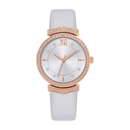 NUOVO Elegante Damenuhr mit weißem Lederarmband, Diamantenzifferblatt, Roségoldgehäuse von NUOVO