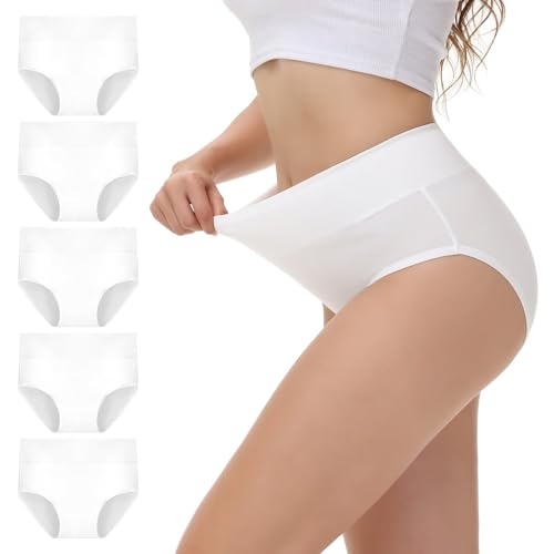 NUOZA Unterhosen Damen Unterwäsche Frauen Baumwolle High Waist Slip Damen Mehrpack Taillenslip 5er Pack Kaiserschnitt Unterhose Shape Damenslips Weiß L von NUOZA