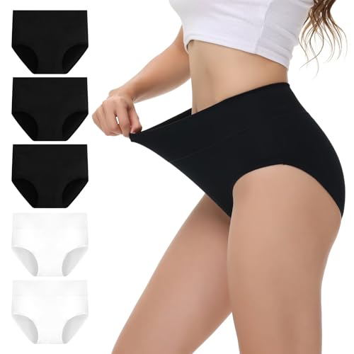 NUOZA Bauch Weg Unterhosen Damen Unterwäsche Frauen Baumwolle Schlüpfer Damen Slips 5er Pack Baumwoll Taillenslips Wochenbett Unterwäsche Pantys Schwarz Weiß M von NUOZA