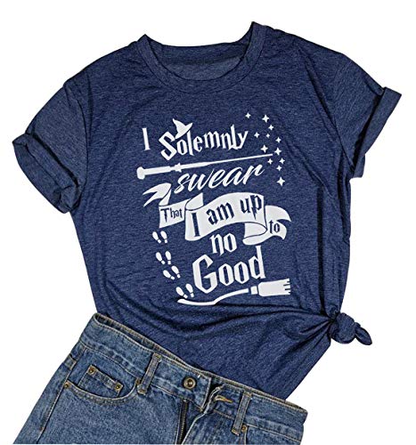 Damen T-Shirt "I Solemnly Swear That I Am Up To No Good", lustiges Halloween-T-Shirt mit Buchstabenaufdruck, Blau, Groß von NUPHON