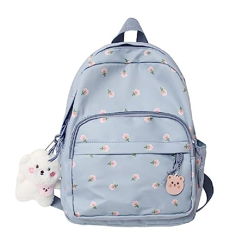 Damen Rucksack Nylon Reise Büchertasche Geldbörse Blumendruck Niedlicher Plüschbär Anhänger Lässiger Tagesrucksack Für Mädchen Nylon Rucksäcke Für Frauen Reisen Für von NURCIX