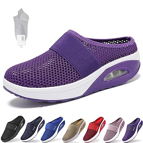 NURCIX Diabetiker Schuhe Mesh Atmungsaktiv Gartenschuhe rutschfest Strand Hausschuhe Air Cushion Verstellbare Schuhe Mit Luftkissen Lässige Slip, Für Damen Geschwollene Füße (Color : H, Size : 38 EU) von NURCIX