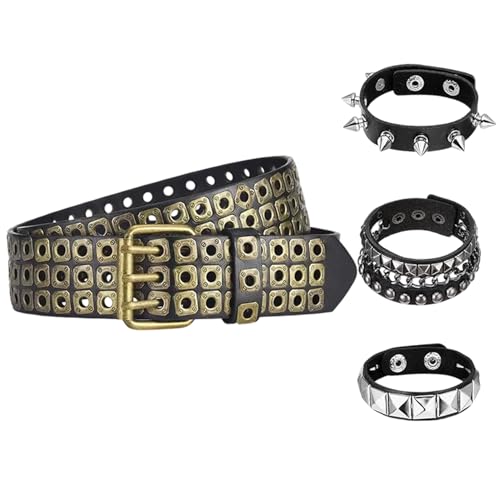 NUREINSS Damen Gürtel Set mit Armband | Punk Rock Streetwear Accessoire | Verstellbarer Nietengürtel für Konzerte, Partys & Tageslook | Edgy Style für individuelle Outfits (3.8cm Breite) Gold von NUREINSS