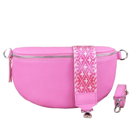 NURPELLE Echtleder Bauchtasche Damen - Stilvolle Gürteltasche mit 2 abnehmbaren/verstellbaren Breiten Gürteln - Crossbody Bag für Frauen-Hochwertige Schultertasche, Vielseitige Alltagstasche-Pink von NURPELLE HANDMADE n