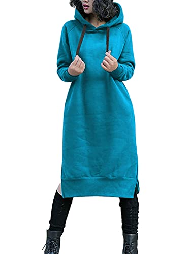 NUTEXROL Damen Verdickung Lang Fleece Sweatshirt String Hoodie Kleid Pullover Übergröße, Blau-a, M von NUTEXROL