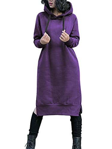 NUTEXROL Damen Verdickung Lang Fleece Sweatshirt String Hoodie Kleid Pullover Übergröße, Lila-A, XL von NUTEXROL