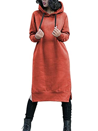 NUTEXROL Damen Verdickung Lang Fleece Sweatshirt String Hoodie Kleid Pullover Übergröße, Ziegelrot, XL von NUTEXROL