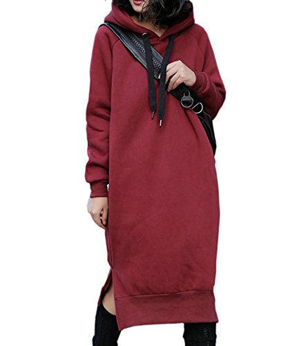 Nutexrol Damen Winter Hoodie Kapuzenpullover Lang Kapuzenjacke Sweatjacke Übergröße Kleider Sweatshirt Warm Outwear mit Fleece-Innenseite, Rot, L von NUTEXROL