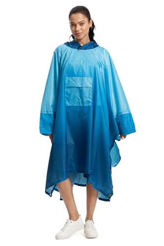 NUUR Regenponcho Damen Herren Unisex Regencape Regenmantel Regenjacke Festival Wasserdicht Hiking Cycling Outdoor 3in1 Mehrzweck Wiederverwendbar Rain Poncho mit Kapuze Gradient Blau von NUUR