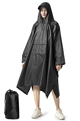 NUUR Regenponcho Herren Damen Unisex Regencape Regenmantel Regenjacke Wasserdicht Hiking Cycling Outdoor 3in1 Mehrzweck Wiederverwendbar Rain Poncho mit Kapuze Dunkelschwarz von NUUR