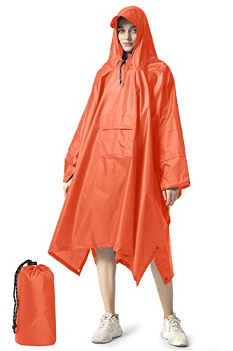 NUUR Regenponcho Damen Unisex Regencape Regenmantel Regenjacke Wasserdicht Wandern Hiking Cycling Outdoor 3in1 Mehrzweck Wiederverwendbar Rain Poncho mit Kapuze Orange von NUUR