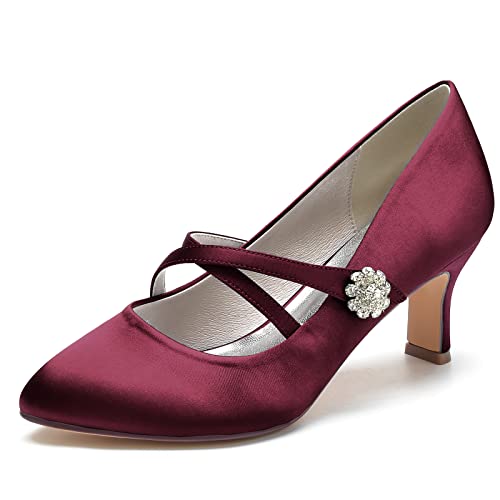 Damen Runder Zeh Mary Jane Pumps Kreuz Riemchen Bequeme Satin Hochzeit Brautschuhe,Burgundy,40 EU von NUURO