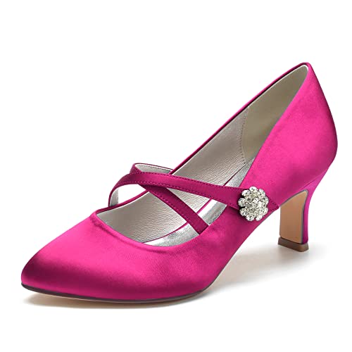 Damen Runder Zeh Mary Jane Pumps Kreuz Riemchen Bequeme Satin Hochzeit Brautschuhe,Fuchsia,38 EU von NUURO