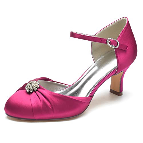 NUURO Damen Knöchelriemen Geschlossene Zehen Satin Hochzeitsschuhe Brautschuhe,Fuchsia,40 EU von NUURO