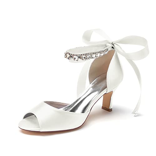 NUURO Damen Strass Satin Peep Zehen Niedriger Absatz Hochzeit Brautschuhe Mit Band Krawatte,Elfenbein,39 EU von NUURO