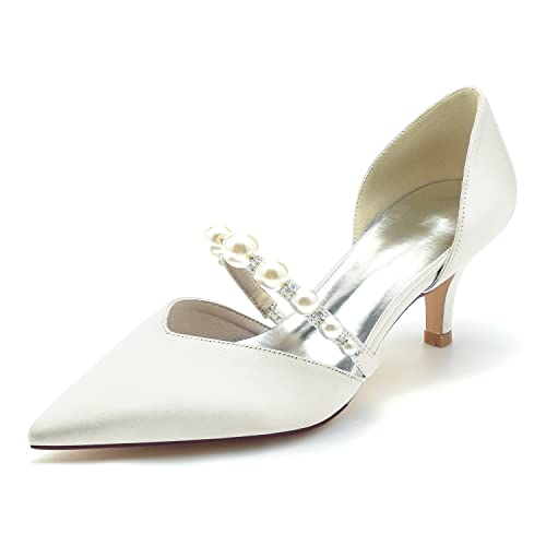 NUURO Elfenbein Hochzeitsschuhe Brautschuhe Komfort Absatz Spitzschuh Hochzeit Gast Schuhe Mit Perle,Elfenbein,38 EU von NUURO