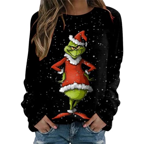 Grinch Kostüm,Damen Grinch Weihnachtspullover Weihnachts Lustig Weihnachts Sweatshirt Pulli Langarmshirt Herbst Kostüm Langarm Oberteile Rundhals baumwolle Shirt Pullover Herbst Winter Sweatshirt von NUUROO