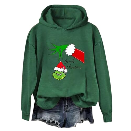 Grinch Pullover, Damen Grinch Weihnachtspullover Lustig Kapuzenpullover 3D Druck Hoodie mit Taschen Langarm Halloween Weihnachten Grün Sweatshirt Lässige Christmas Weihnachtspullover Damen von NUUROO