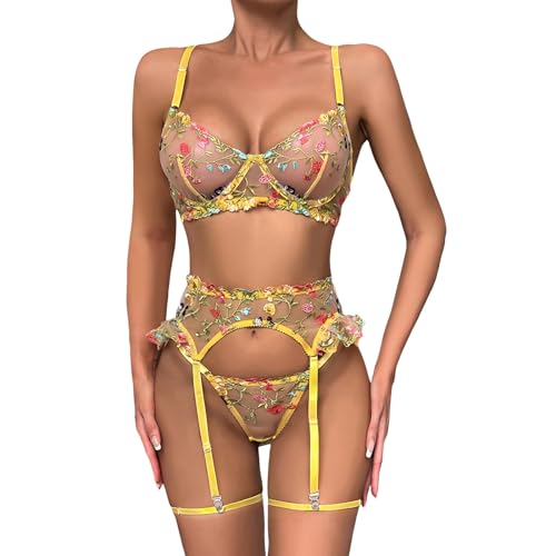 NUUROO Damen Dessous Set mit Floraler Stickerei BH und G String Strumpfband 4-teiliges Dessous Damen Dessous Set von NUUROO