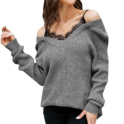 NUUROO Oversize Pullover Damen,Damen Pullover 2023 Fall Oberteile Damen Taillierte Pullover Winter Pulli Langärmlige Pullover Rundhals Sweatshirt Schulterfrei Spitzen Sweater von NUUROO