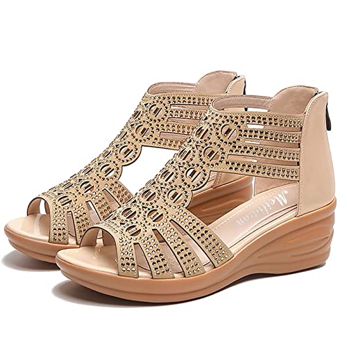 NUUROO Sandalen Damen Sommer, Damen Peep Toe Keilsandaletten Sandalen Boho Strasssteine Strand Sandalen Elegant Sommer Sandalen Sandaletten Elegante Lässig Strandsandalen Sommerschuhe von NUUROO