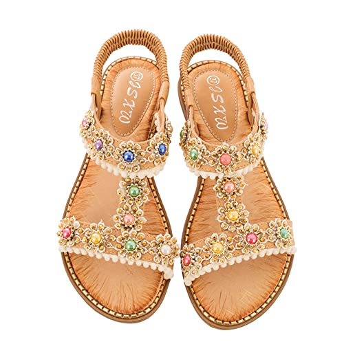 NUUROO Sandalen Damen Sommer, Damen sandalen sandalen mit blumenmuster mit gummiband Strand Boho Strasssteine Glitzer Sommer Lässig Strandsandalen Sommerschuhe von NUUROO