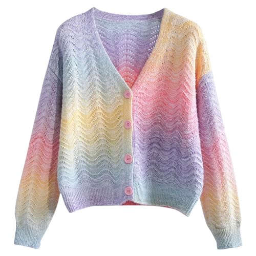 NUUROO Strickjacke Damen Wintermantel Damen Cardigan Strick Sweater V-Ausschnitt Grobstrickjacke Kurz Knopfleiste Strickmantel Elegant Strickpullover Casual Mantel Regenbogen Pullover Damen von NUUROO